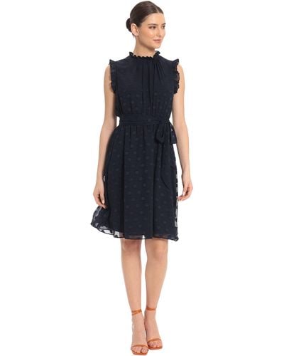 Maggy London Ruffle Neck And Arm Dress With Waist Tie - Blue