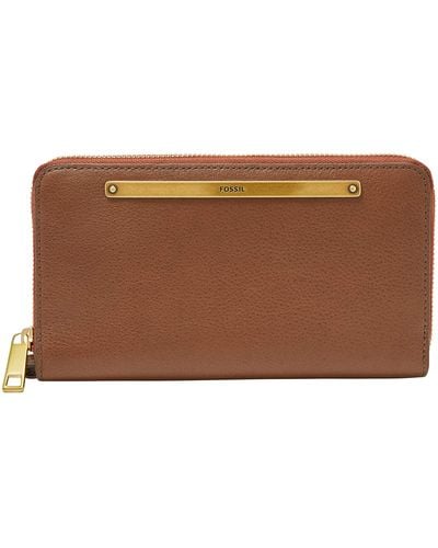 Fossil Liza Leather Wallet Zip Around Clutch With Wristlet Strap - Brown
