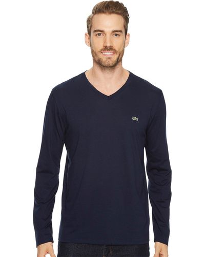 Lacoste Mens Long Sleeve Jersey Pima V-neck T-shirt T Shirt - Blue