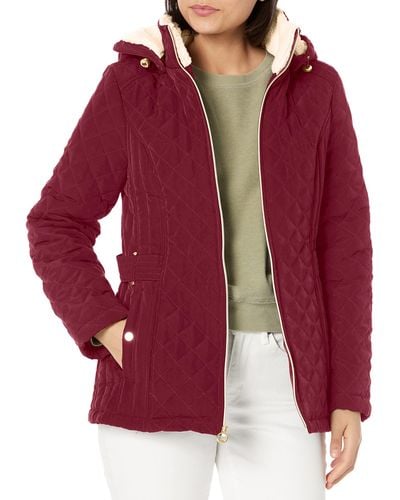 Laundry by Shelli Segal Short Quilted Jacket Zipper Front Faux Shearling Detachable Hood Side Pocket 26" Coat - Red