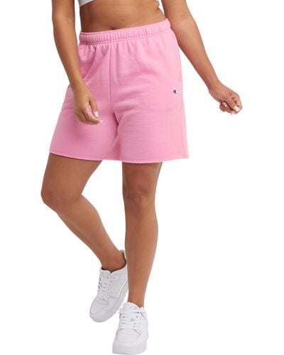 Champion , Powerblend, Comfortable Fleece Shorts For , 6.5", Spirited Pink Block Arch, Medium