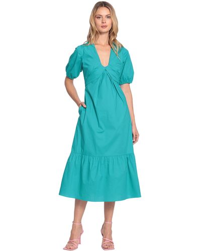 Donna Morgan V-neck Midi With Twist Empire Detail And Short Sleeves - Blue