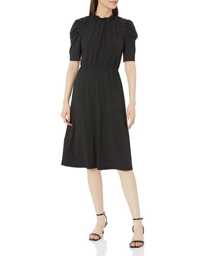 Adrianna Papell Short Sleeve Printed Midi Dress With Ruffled Mock Neck - Black