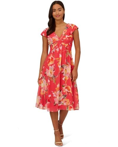 Adrianna Papell Floral Printed Twist Front Midi Dress - Red
