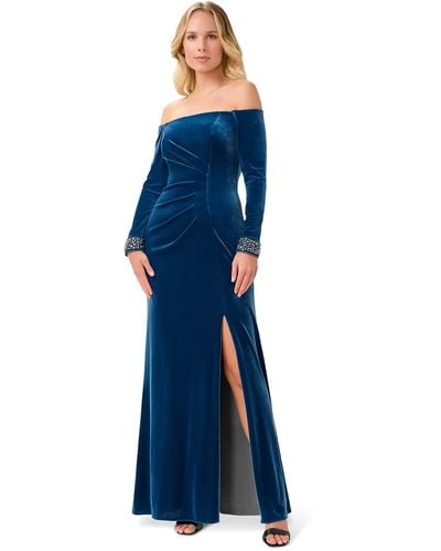 Adrianna Papell Velvet Off The Shoulder Gown - Blue