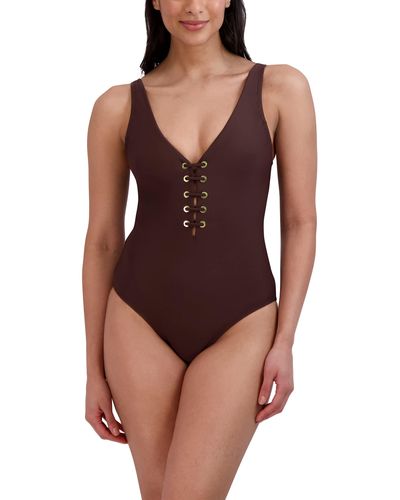 BCBGMAXAZRIA Standard One Piece Swimsuit Lace Up Grommet Tummy Control Quick Dry Bathing Suit - Purple