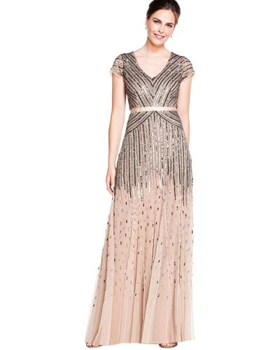 Adrianna Papell Long Beaded V-neck Dress With Cap Sleeves And Waistband - Pink