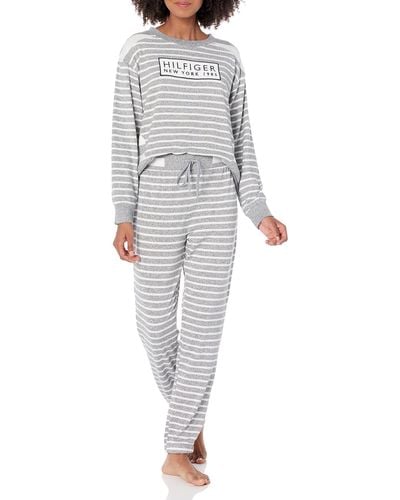 Tommy Hilfiger Womens Mixed Striped Long Sleeve Pullover Top & Turn Back Sweatpants Pj Pajama Set - Gray