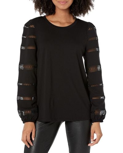 Anne Klein Serenity Knit Lace Inset Sleeve Tee - Black