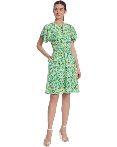Maggy London Petite Painterly Petal Printed Flutter Sleeve Dress With Button Front Keyhole - Green