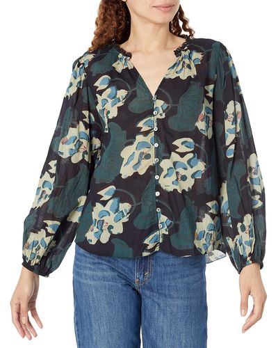 Velvet By Graham & Spencer Camryn Printed Cotton Lace Button Up Shirt - Blue