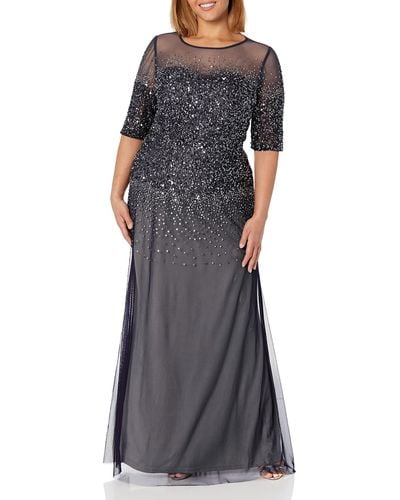 Adrianna Papell Plus-size 3/4 Sleeve Beaded Illusion Gown With Sweetheart Neckline - Black