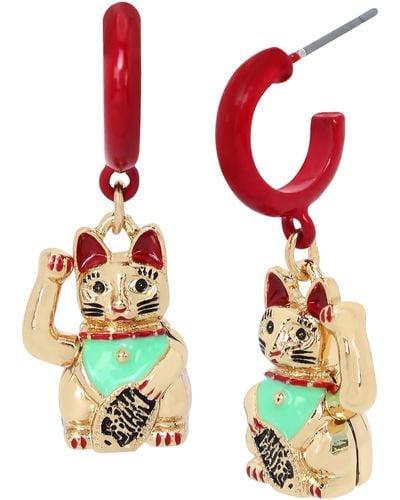 Betsey Johnson S Lucky Cat Charm Huggies - Red