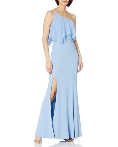 Dress the Population Womens Faith One Cold Shoulder Flounce Gown With Slit Bridesmaid Dress - Blue