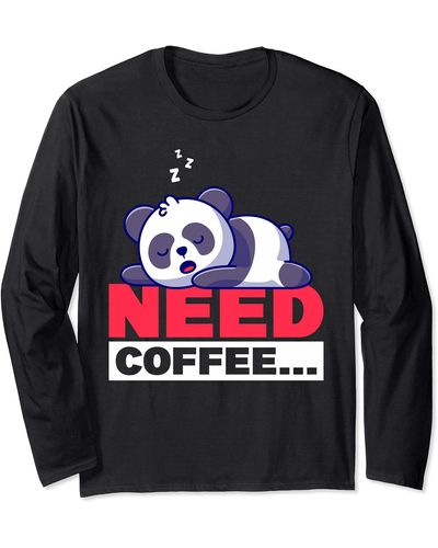 PANDORA Bad Morning Panda Need Coffee Design Long Sleeve T-shirt - Black