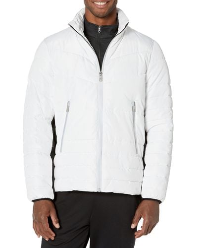 Kenneth Cole Reflective Zipper Tape Puffer Memory Fabric Jacket - White