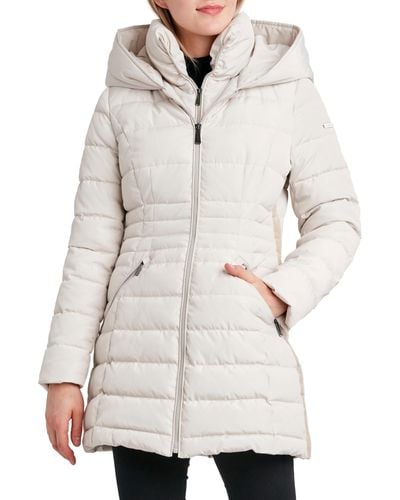 Laundry by Shelli Segal 3/4 Puffer Jacket With Hood And Velvet Trim - Natural