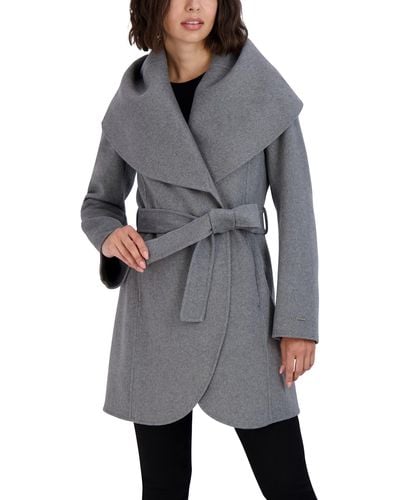 Tahari Double Face Wool Blend Wrap Coat With Oversized Collar - Gray