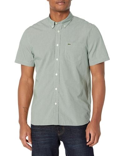 Lacoste Short Sleeve Regular Fit Gingham Button Down Shirt - Gray