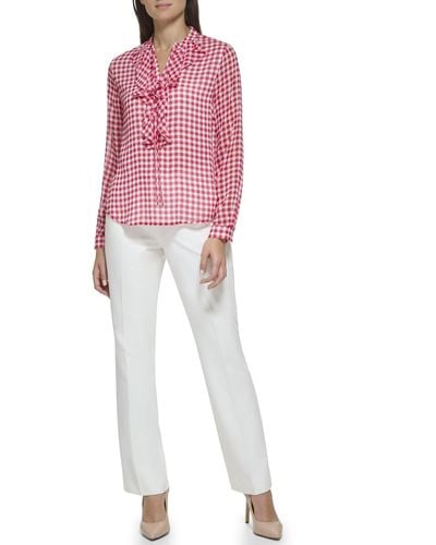Tommy Hilfiger Long Sleeve Ruffle Gingham Shirt Scarlet/ivory Md - Pink