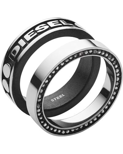 DIESEL Silver Stainless Steel Logo Band Ring Set - Metallic