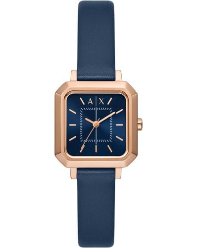 Emporio Armani A|x Armani Exchange Square Three-hand Rose Gold And Blue Leather Band Watch