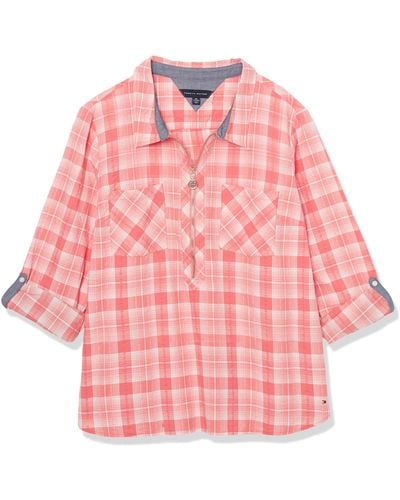 Tommy Hilfiger Long Sleeve Half Zip Roll Tab Popover Shirt - Pink