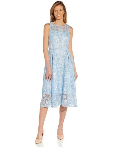 Adrianna Papell Womens Embroidered Tea Length Cocktail Dress - Blue
