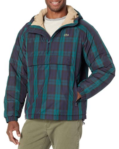 Lacoste Mens 1/4 Zip Reversible Plaid Nylon Hooded Jacket - Blue