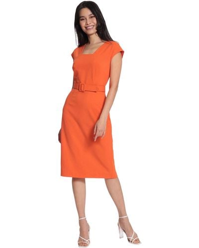 Maggy London Petite Square Neck Cap Sleeve Belted Dress With Pencil Skirt - Multicolor