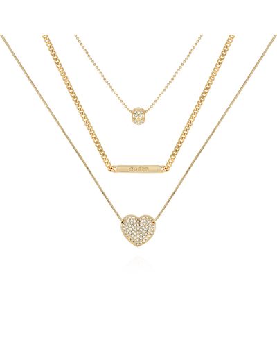 Guess Gold-tone Trio Layered Necklace Set With Pave Heart - Metallic