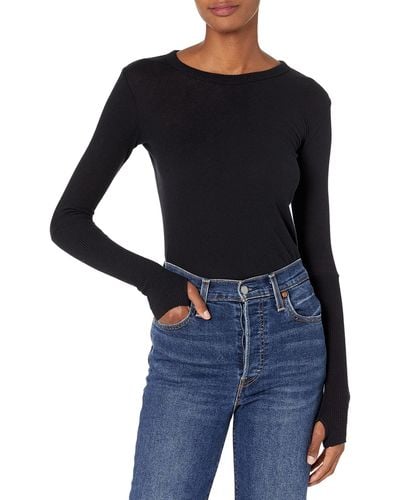 Enza Costa Womens Cashmere Long Sleeve Cuffed Crew With Thumbhole T Shirt - Black
