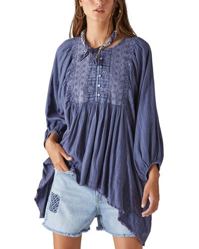 Lucky Brand Lace Yoke Relaxed Fit Blouse - Blue