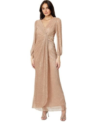 Adrianna Papell Long Sleeve Crinkle Metallic Side Draped Gown - Natural