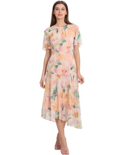 Maggy London Short Flutter Sleeve Fit And Flare Dress With Asymmetric Hem Tier - Pink