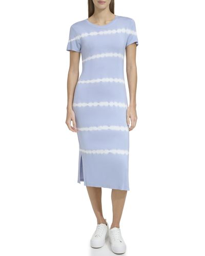 Andrew Marc Short Sleeve Printed Midi Dress With Slits - Blue