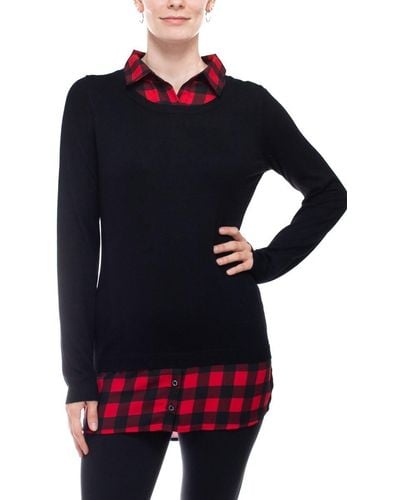 Adrianna Papell Printed V-neck Twofer Sweater - Black