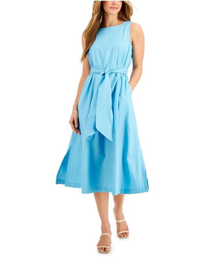 Anne Klein Linen Midi Dress With Sash - Blue