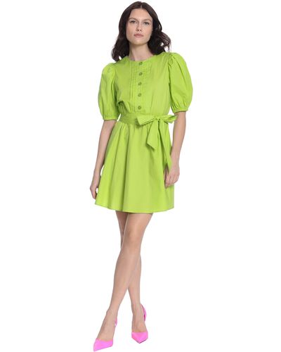 Donna Morgan Puff Sleeve Pintuck Placket Mini Dress With Waist Tie - Green