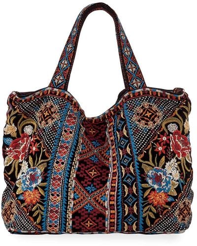 Johnny Was Velvet Tote Bag With All Over Multicolored Embroidery