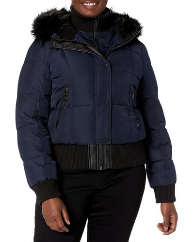 Vince Camuto Warm Winter Jacket With Faux Trimmed Hood - Blue