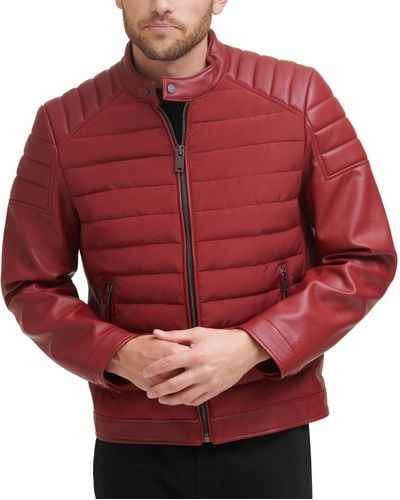 DKNY Mixed Media Faux Leather Puffer Motocros Racer Jacket - Red