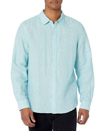 Perry Ellis Rolled-sleeve Solid Linen Cotton Button-up Slim Fit Shirt - Blue