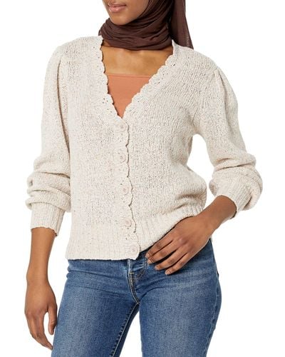 PAIGE Joyce Cardigan Scallop Neckline Puff Sleeve Cropped In Ivory Multi - White