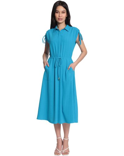 Maggy London Collared Drawstring Waist And Shoulders Midi With Hidden 1/2 Placket - Blue