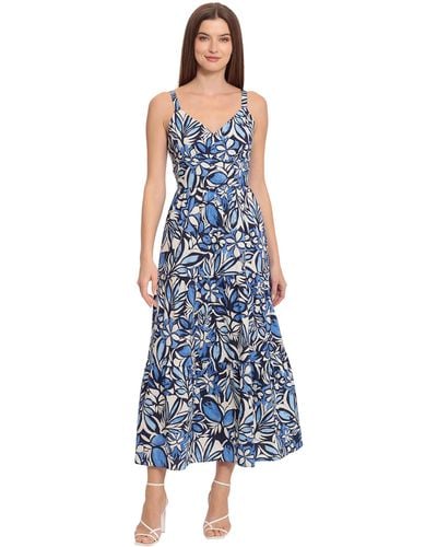 Maggy London V-neck Cotton Tiered Maxi Vacation Resort Event Guest Of - Blue