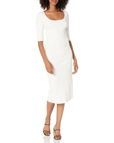 Vince Ribbed Elbow Sleeve Scoop Neck Dress - White