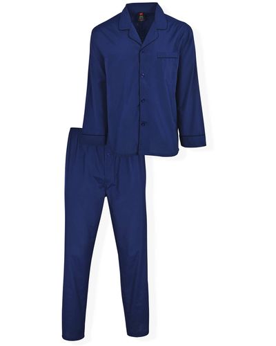 Hanes Mens Long Sleeve Long Leg Woven Pajama Set - Blue