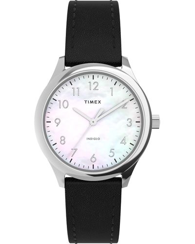 Timex Black Strap Mother Of Pearl Dial Silver-tone