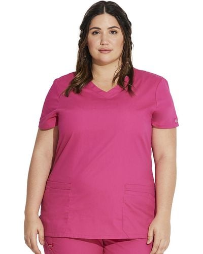 Dickies Womens Signature V-neck Top With Multiple Patch Pockets Medical Scrubs Shirts - Pink
